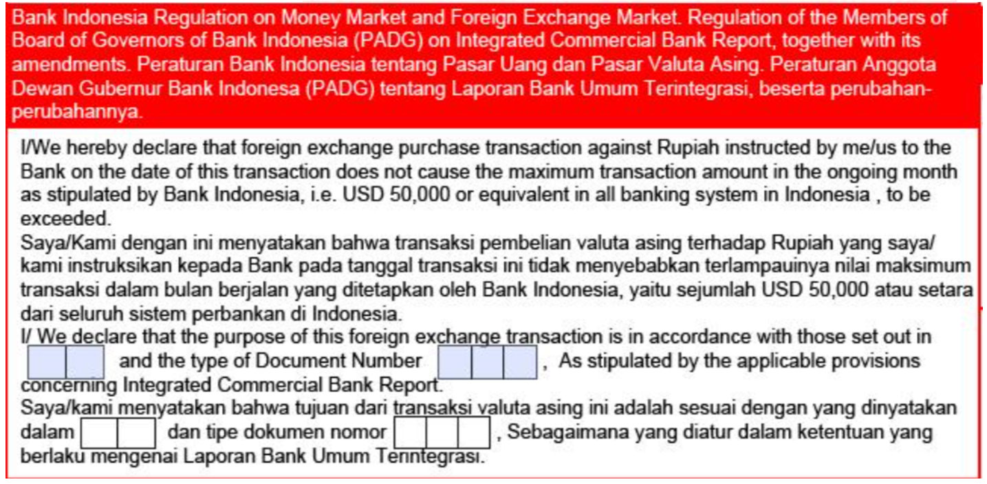In respect of Smarform, clariying the referred regulations in the said form on foreign exchange purchase transactions, Integrated Commercial Bank Reports and Foreign Exchange Traffic/LLD, to be as follow: